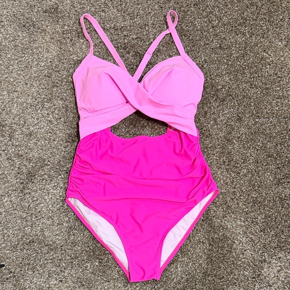 Other - Two-Tone Pink Twist Cutout One-Piece Swimsuit